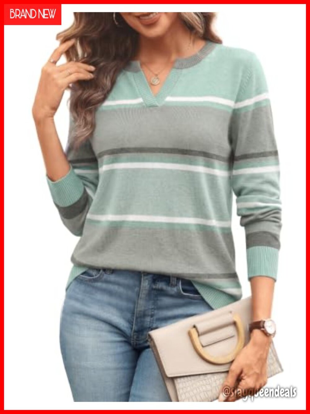 Women's V Neck Long Sleeve Knit Pullover Sweater Soft Lightweight